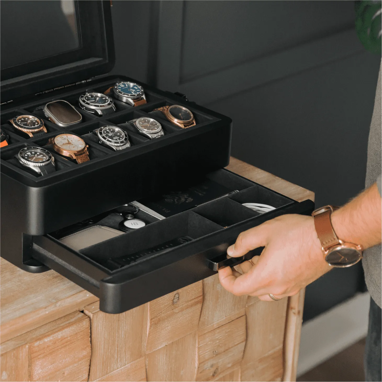 10-Slot Black Watch Box with Modular Storage & Accessory Drawer