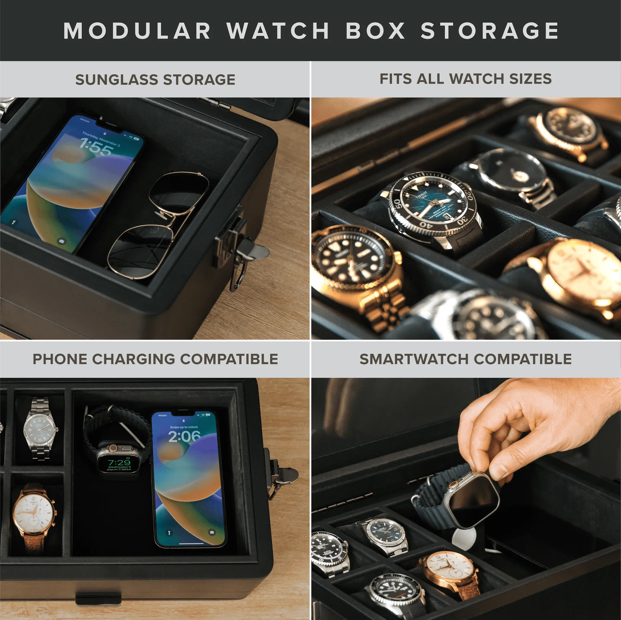 10-Slot Black Watch Box with Modular Storage & Accessory Drawer