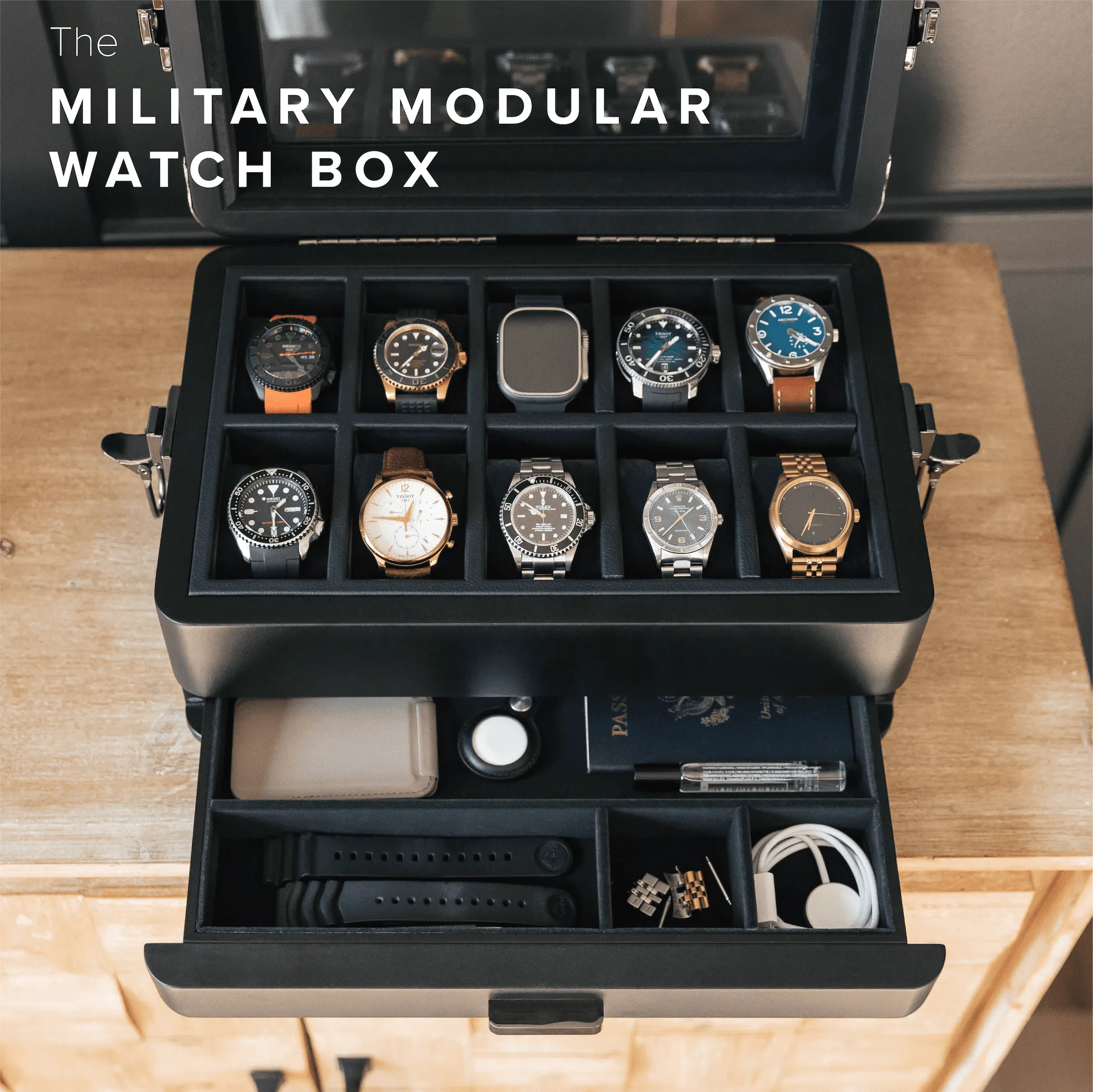 10-Slot Black Watch Box with Modular Storage & Accessory Drawer