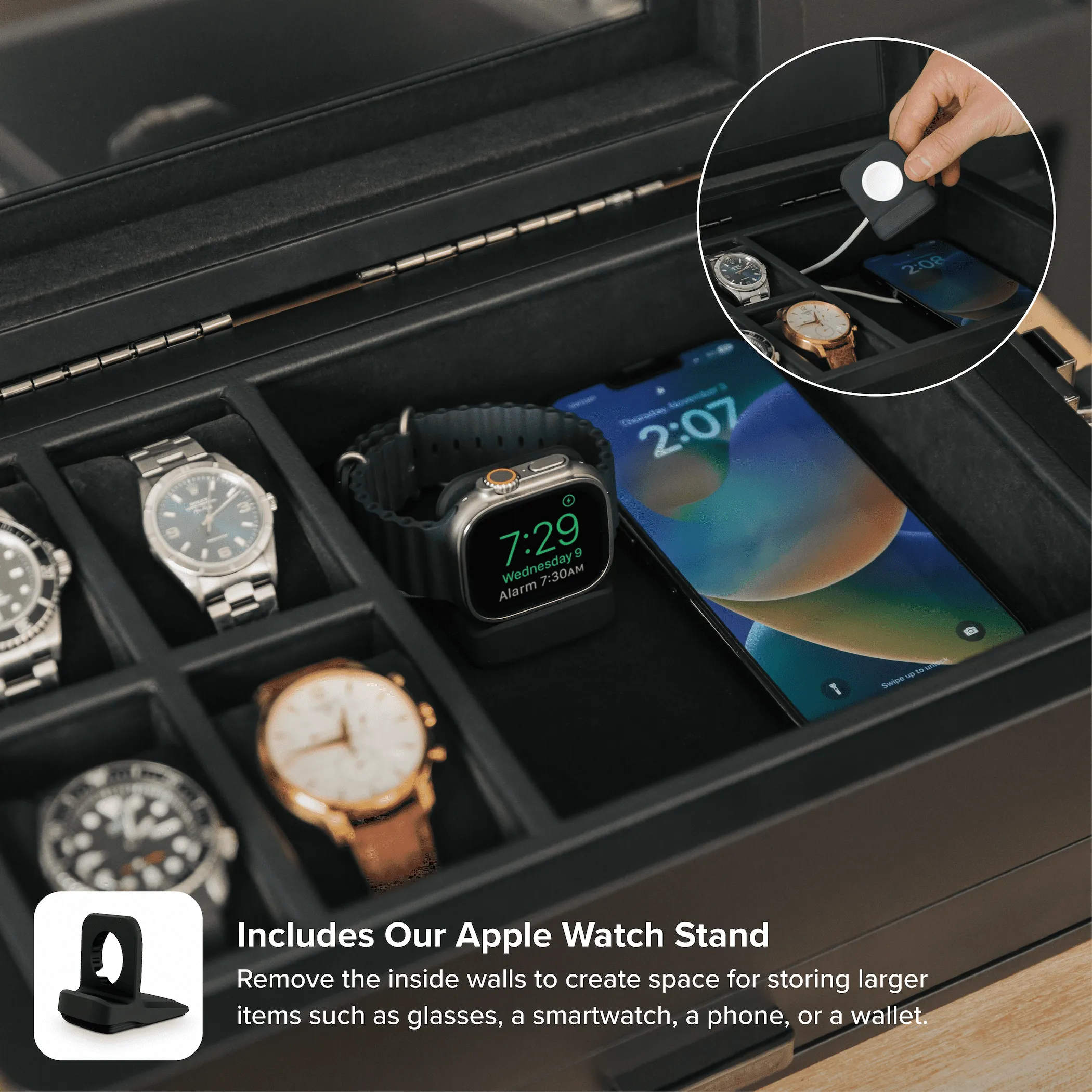 10-Slot Black Watch Box with Modular Storage & Accessory Drawer