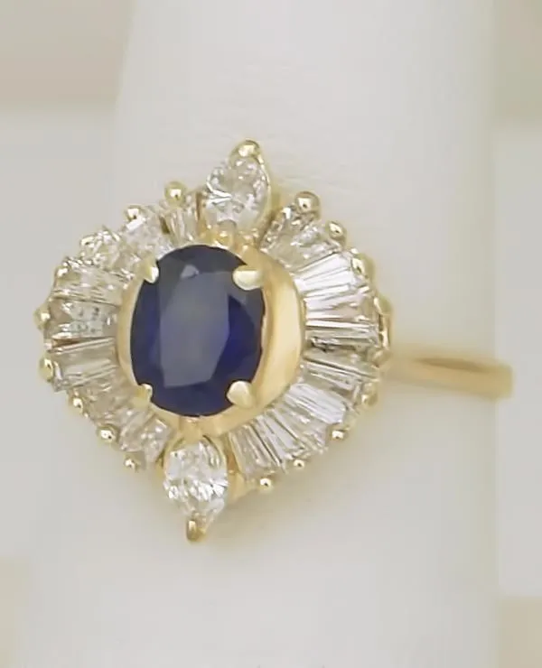14k YELLOW GOLD 1.00ct OVAL BLUE SAPPHIRE 1.00ct BAGUETTE DIAMOND BALLERINA RING
