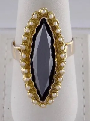 18K YELLOW GOLD 25x7mm SHINY BLACK STONE SOLITAIRE RING