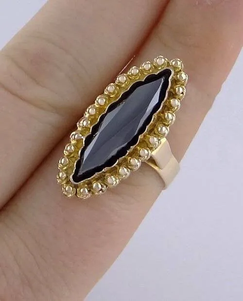 18K YELLOW GOLD 25x7mm SHINY BLACK STONE SOLITAIRE RING