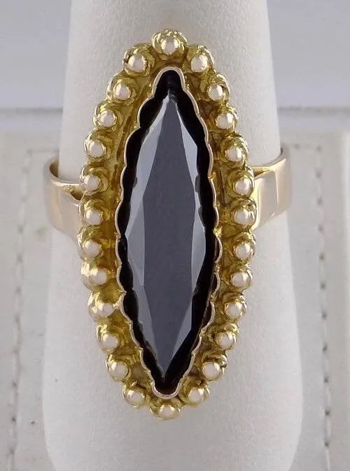 18K YELLOW GOLD 25x7mm SHINY BLACK STONE SOLITAIRE RING