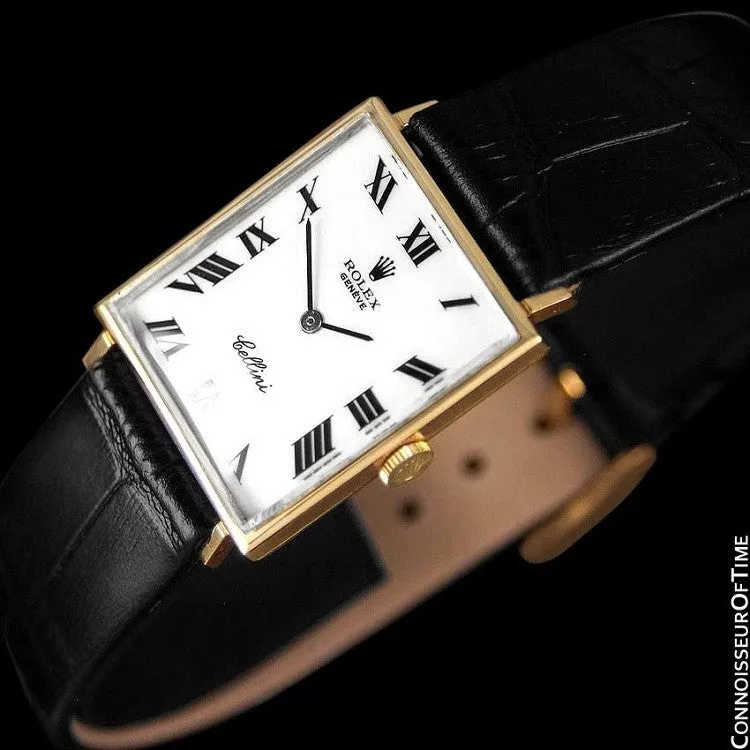 1960's Rolex Cellini Vintage Mens Midsize Rectangular Handwound Watch, White Dial, Ref. 3603 - 18K Gold