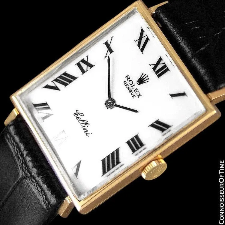 1960's Rolex Cellini Vintage Mens Midsize Rectangular Handwound Watch, White Dial, Ref. 3603 - 18K Gold