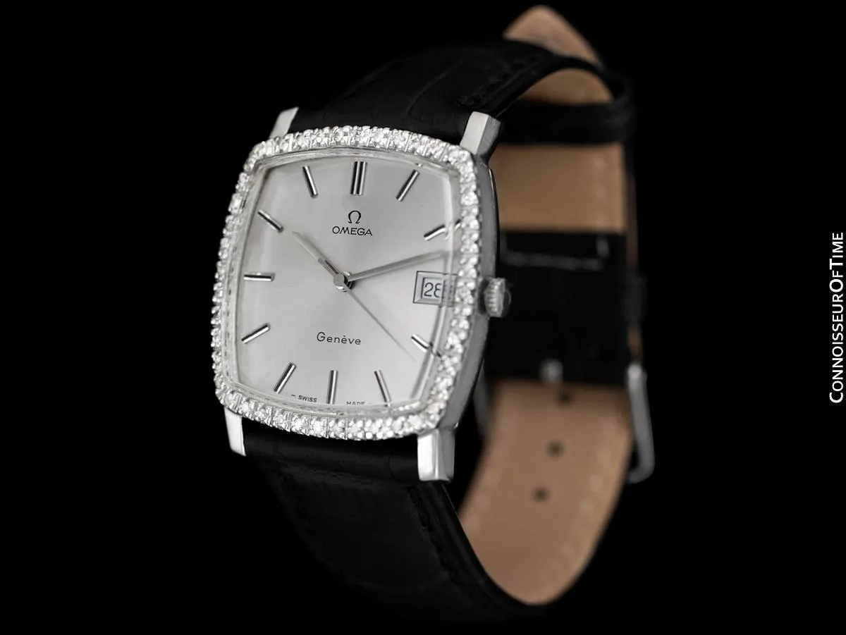 1970's Omega Geneve Vintage Mens Handwound Watch with Quick-Setting Date - Stainless Steel & Diamonds