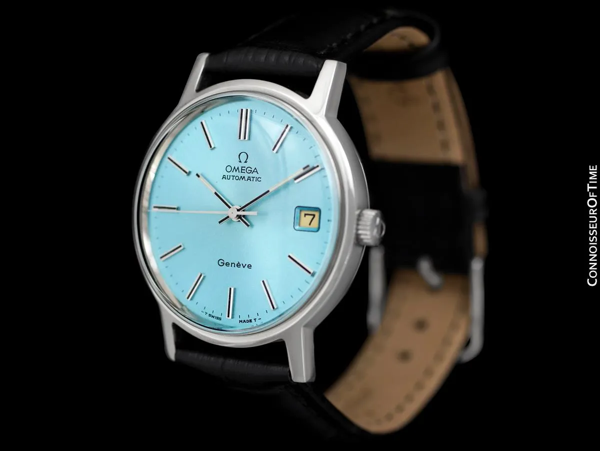 1975 Omega Geneve Vintage Mens Automatic Watch with Tiffany Blue Dial - Stainless Steel