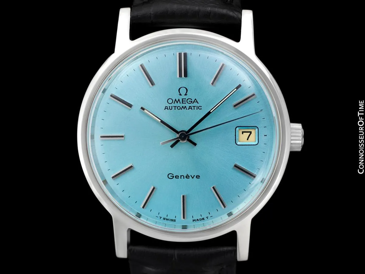 1975 Omega Geneve Vintage Mens Automatic Watch with Tiffany Blue Dial - Stainless Steel