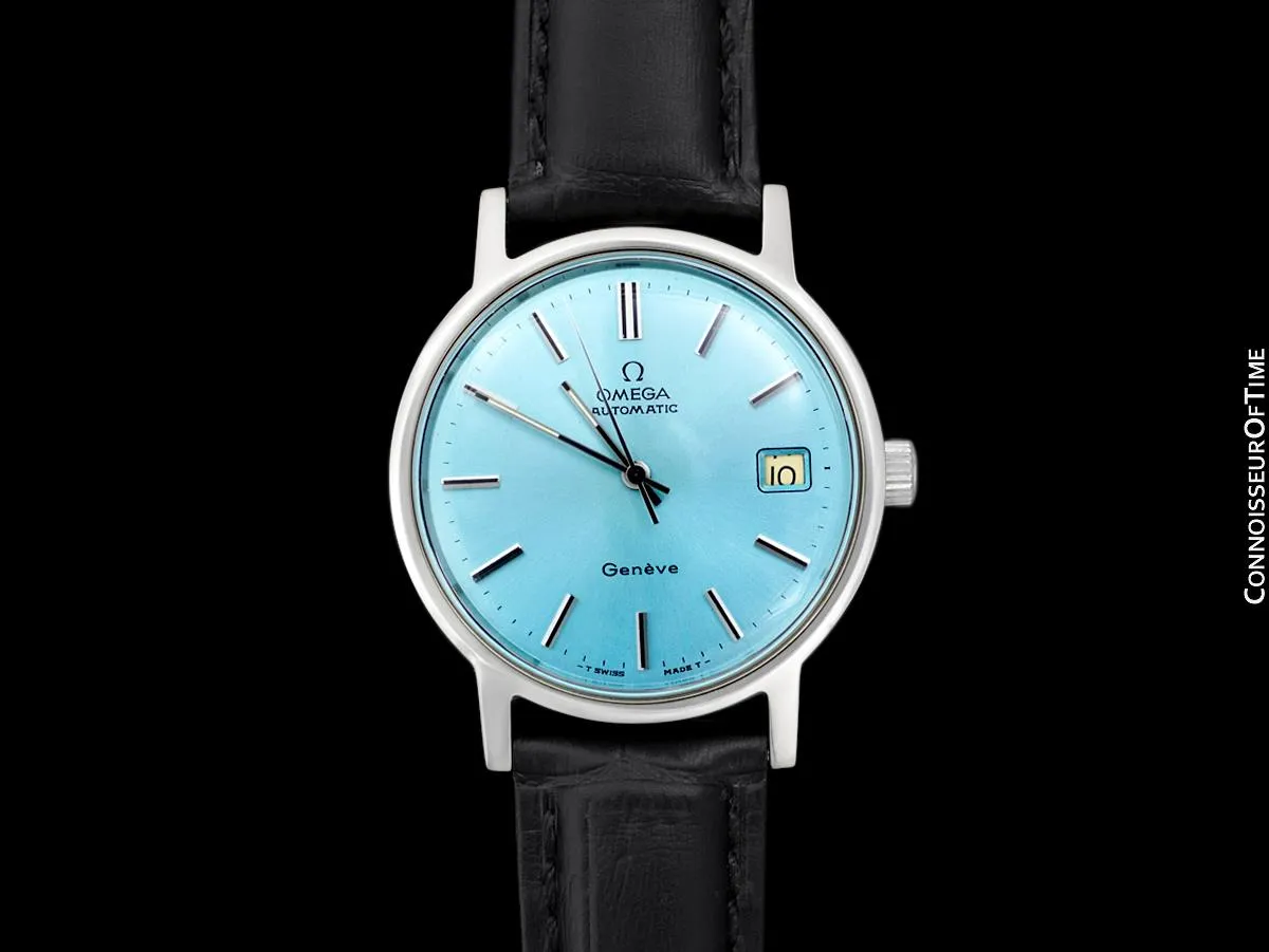 1975 Omega Geneve Vintage Mens Automatic Watch with Tiffany Blue Dial - Stainless Steel