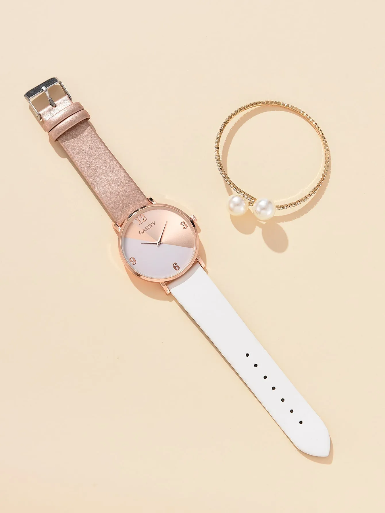 1pc Color Block Round Pointer Quartz Watch & 1pc Bracelet