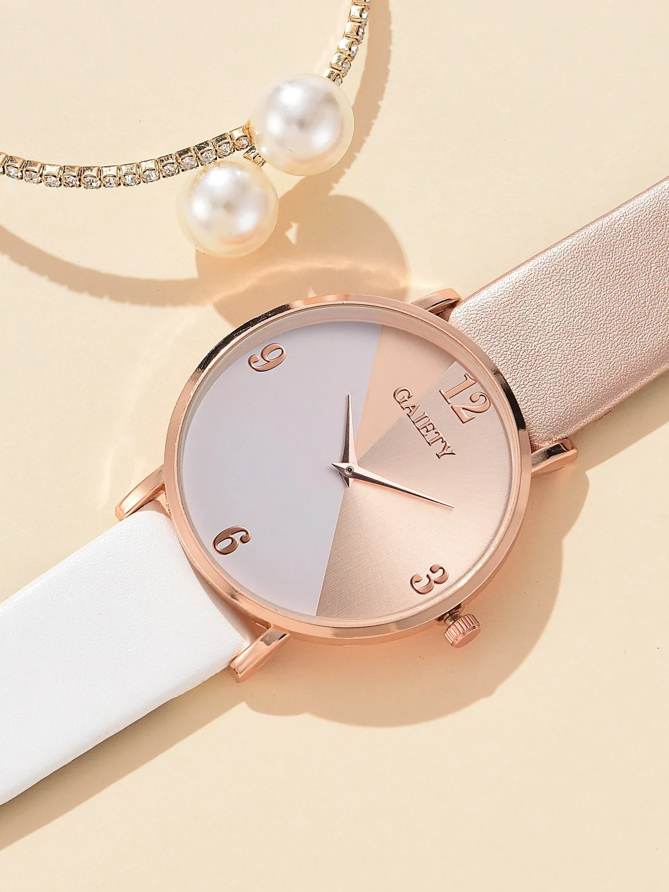 1pc Color Block Round Pointer Quartz Watch & 1pc Bracelet
