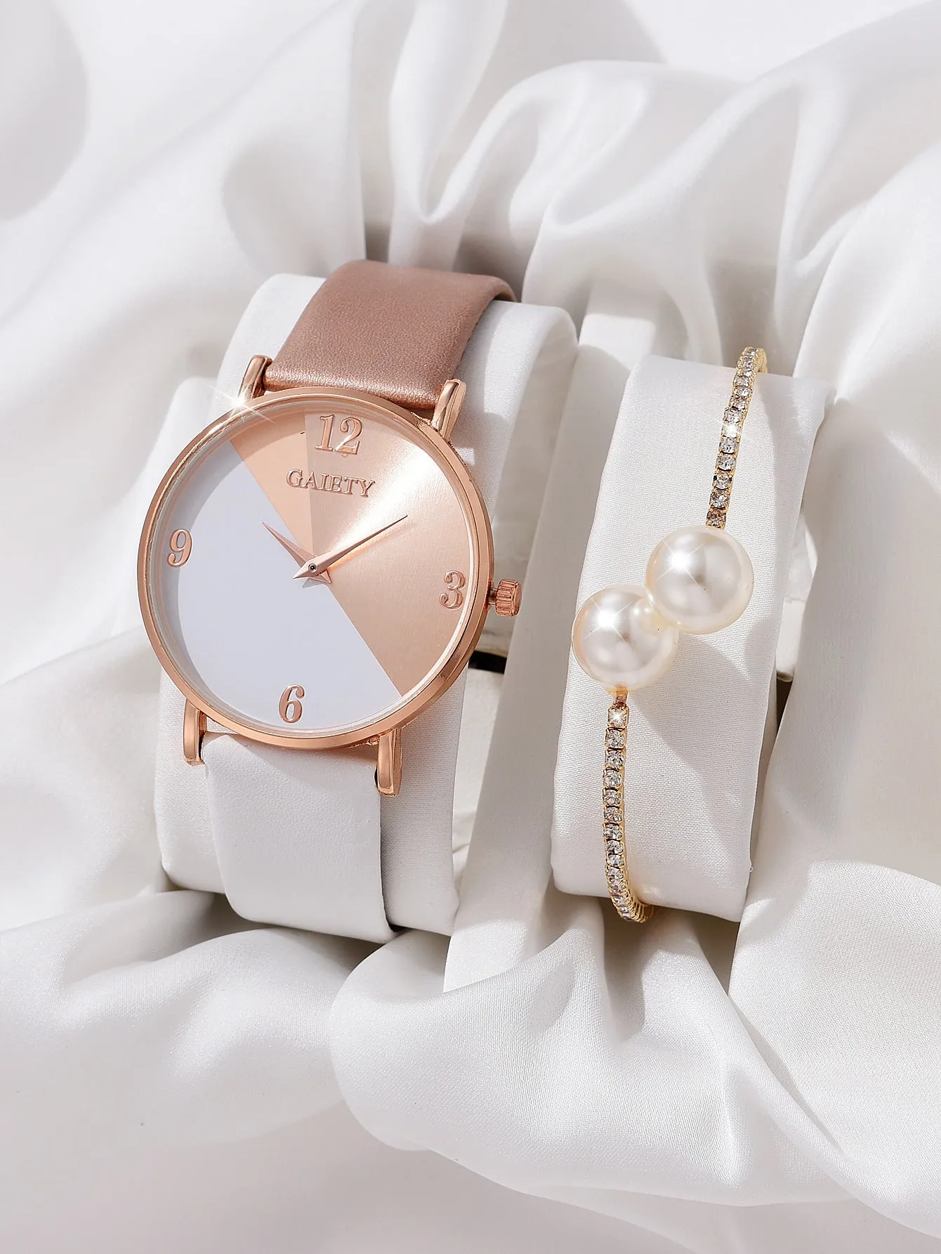 1pc Color Block Round Pointer Quartz Watch & 1pc Bracelet