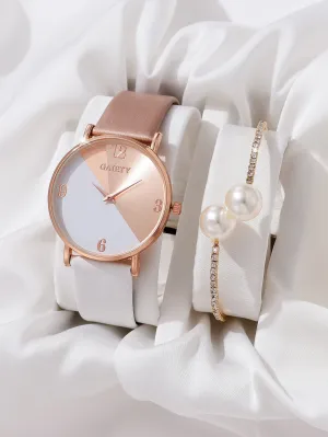 1pc Color Block Round Pointer Quartz Watch & 1pc Bracelet