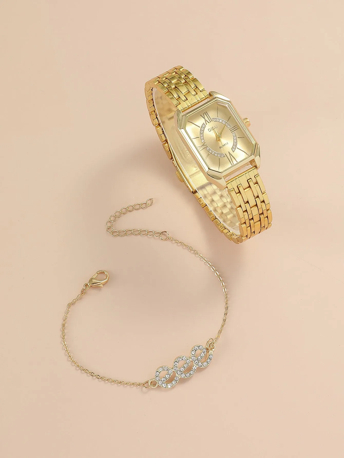 1pc Polygon Pointer Quartz Watch & 1pc Bracelet - Gold