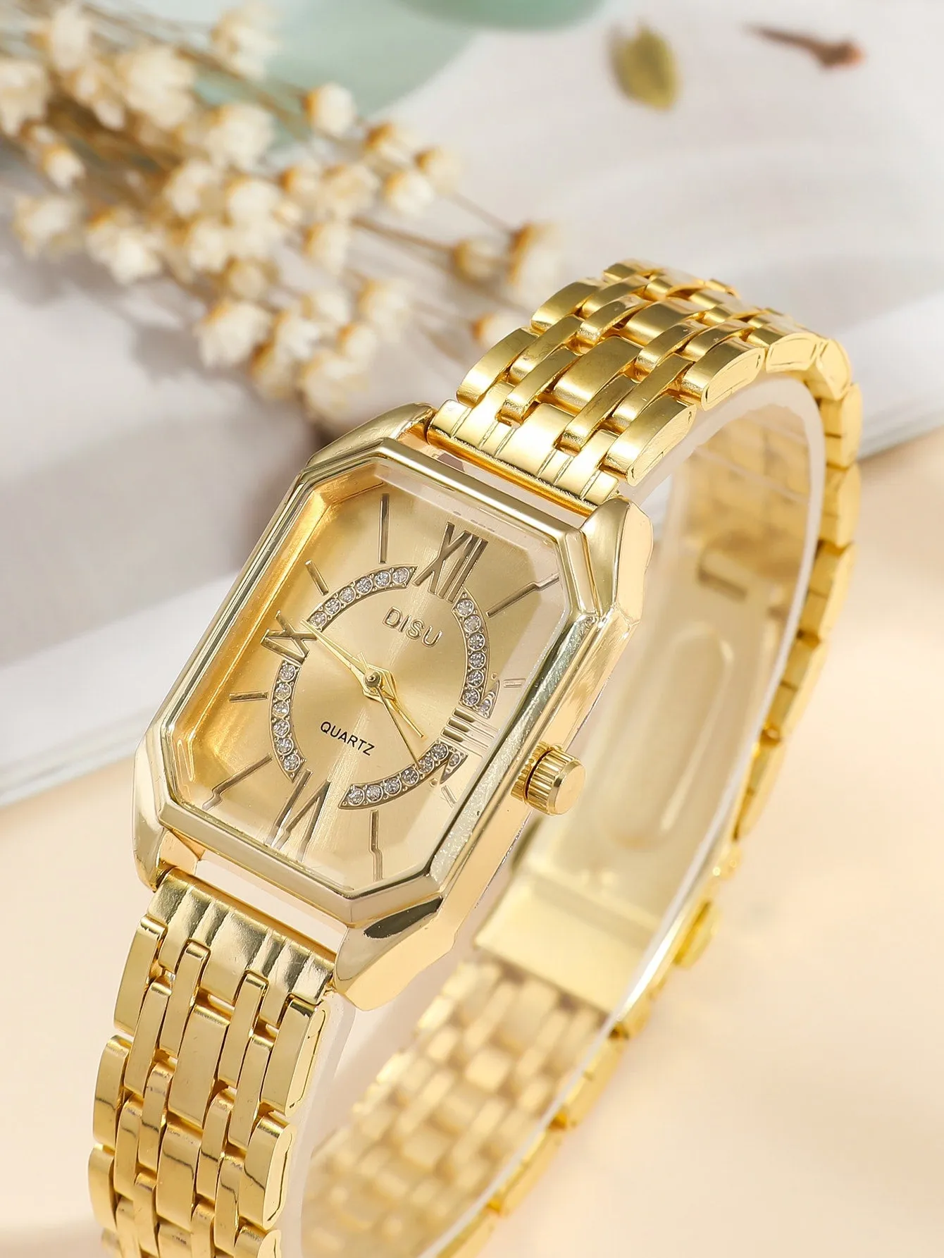 1pc Polygon Pointer Quartz Watch & 1pc Bracelet - Gold