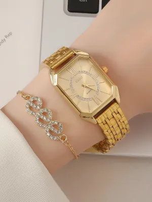 1pc Polygon Pointer Quartz Watch & 1pc Bracelet - Gold