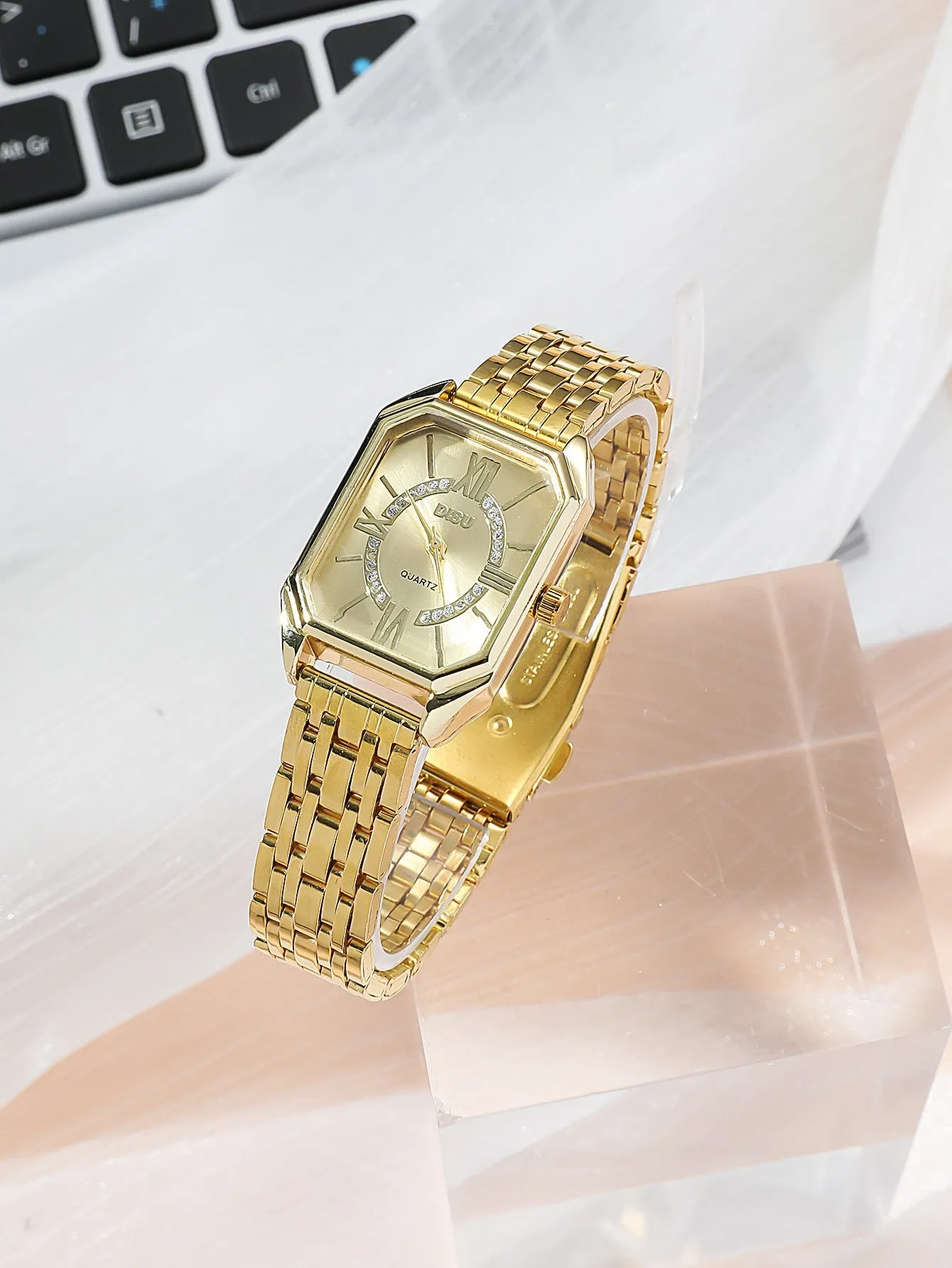 1pc Polygon Pointer Quartz Watch & 1pc Bracelet - Gold