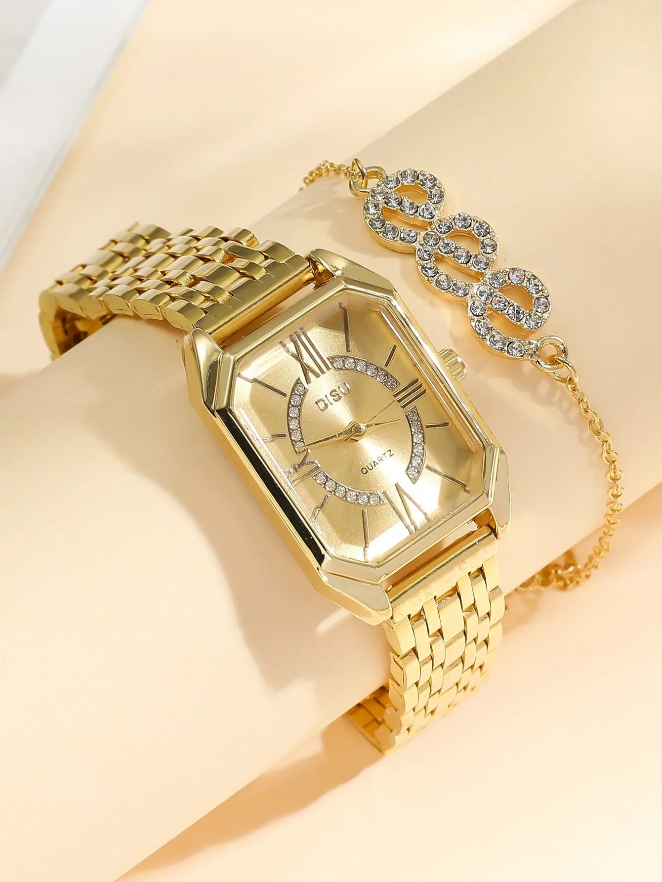 1pc Polygon Pointer Quartz Watch & 1pc Bracelet - Gold