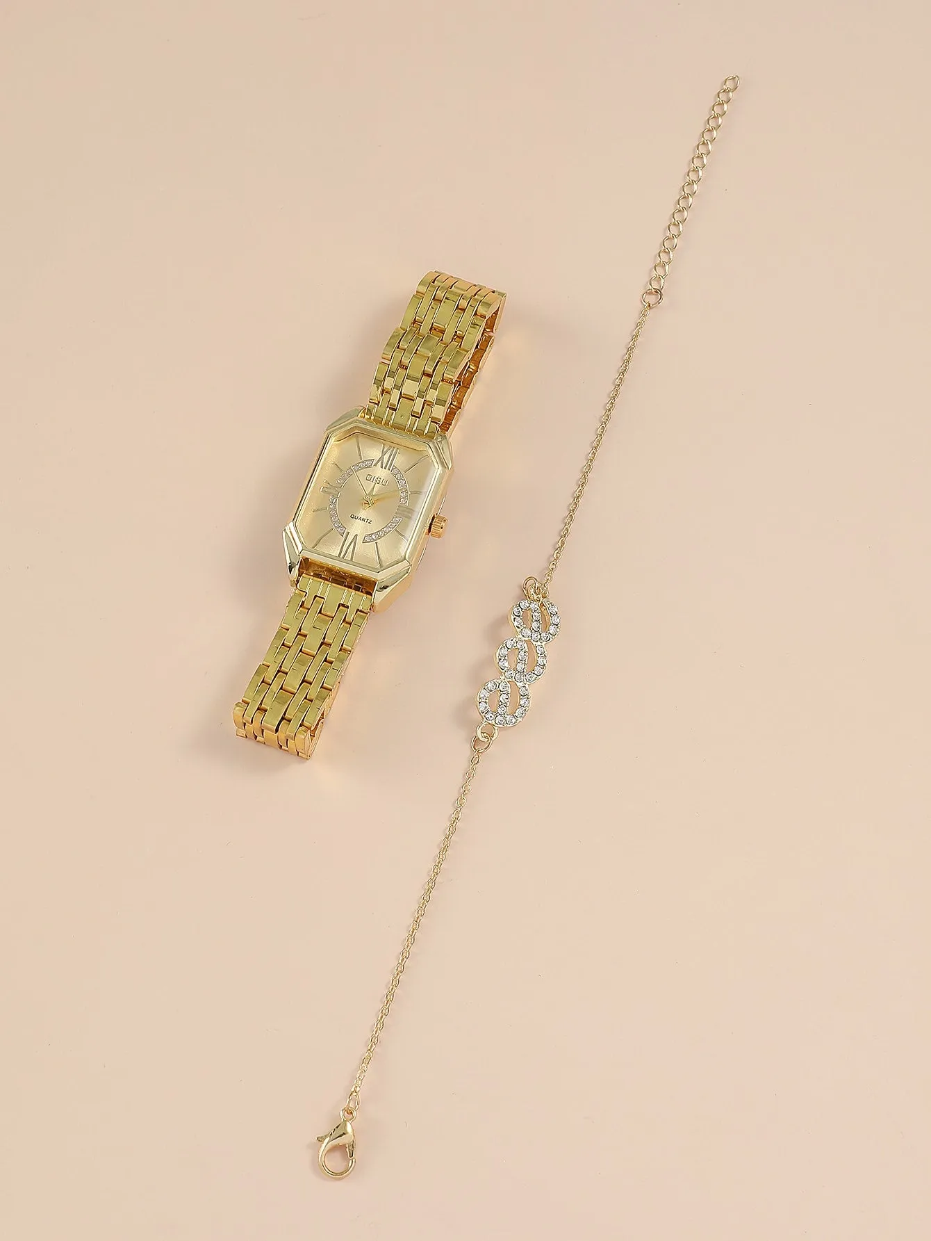 1pc Polygon Pointer Quartz Watch & 1pc Bracelet - Gold