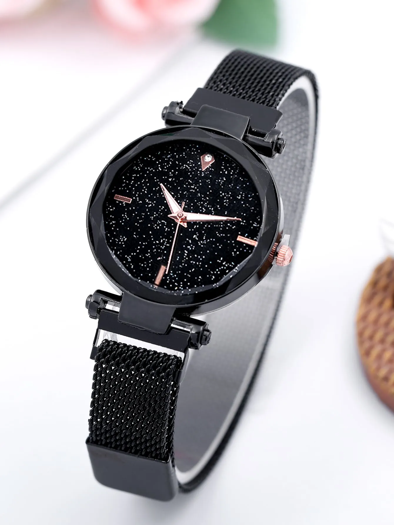 1pc Rhinestone Watch & 4pcs Bracelet - Black