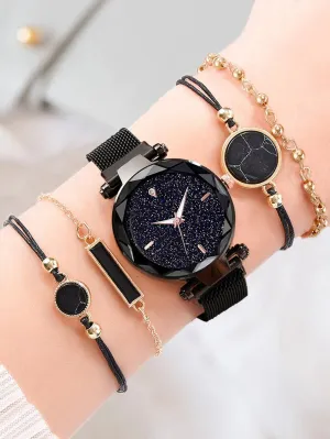 1pc Rhinestone Watch & 4pcs Bracelet - Black