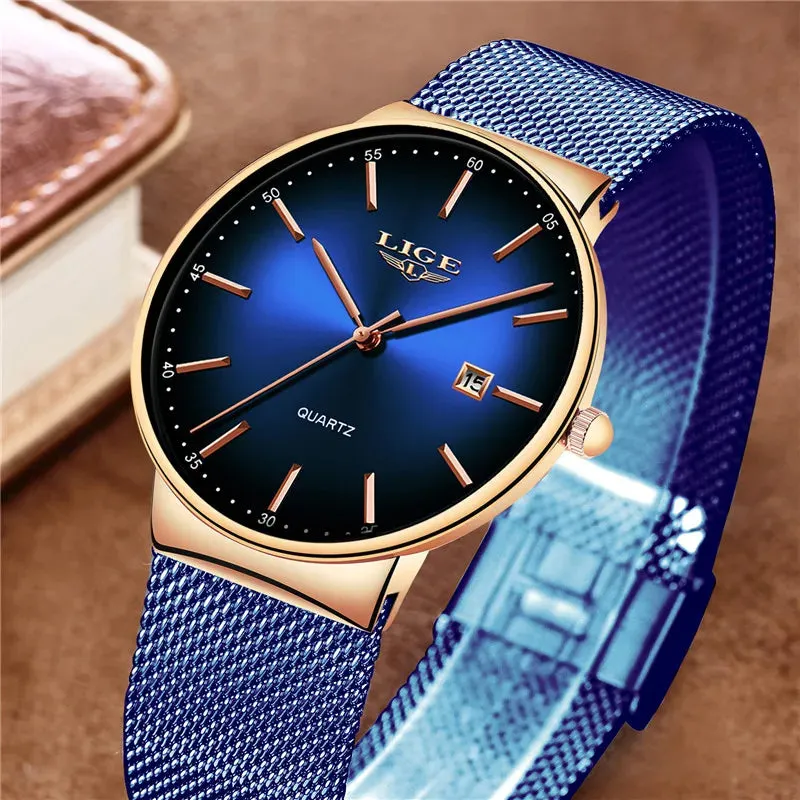 2023 LIGE Mens Watches Top Brand Luxury Gold Watch Sports Casual Mesh Stainless Steel Waterproof Watch for Men Relogio Masculino