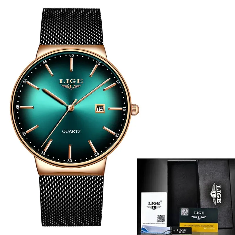 2023 LIGE Mens Watches Top Brand Luxury Gold Watch Sports Casual Mesh Stainless Steel Waterproof Watch for Men Relogio Masculino