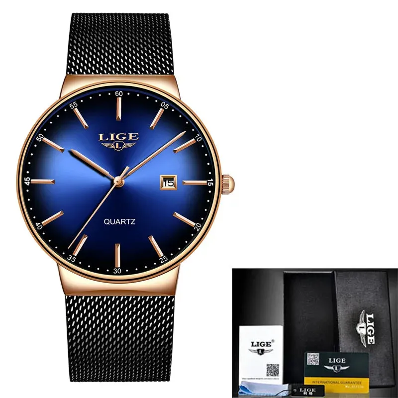 2023 LIGE Mens Watches Top Brand Luxury Gold Watch Sports Casual Mesh Stainless Steel Waterproof Watch for Men Relogio Masculino