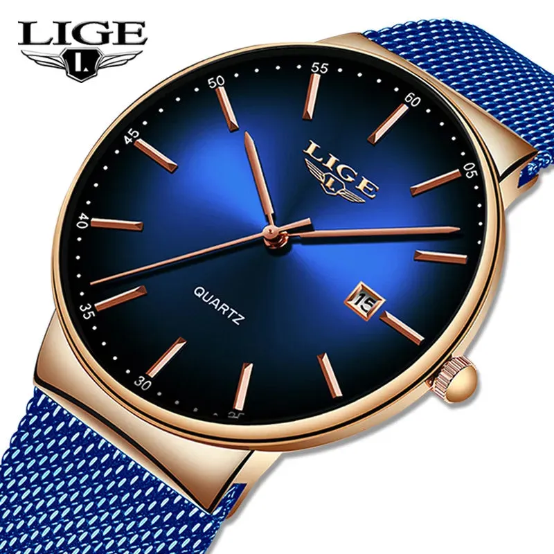 2023 LIGE Mens Watches Top Brand Luxury Gold Watch Sports Casual Mesh Stainless Steel Waterproof Watch for Men Relogio Masculino