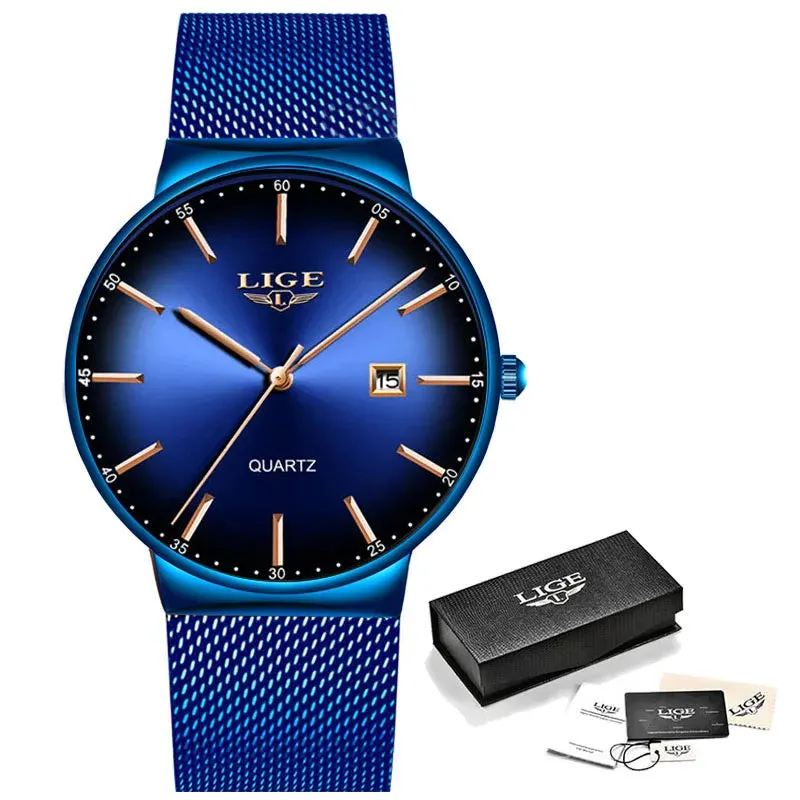 2023 LIGE Mens Watches Top Brand Luxury Gold Watch Sports Casual Mesh Stainless Steel Waterproof Watch for Men Relogio Masculino