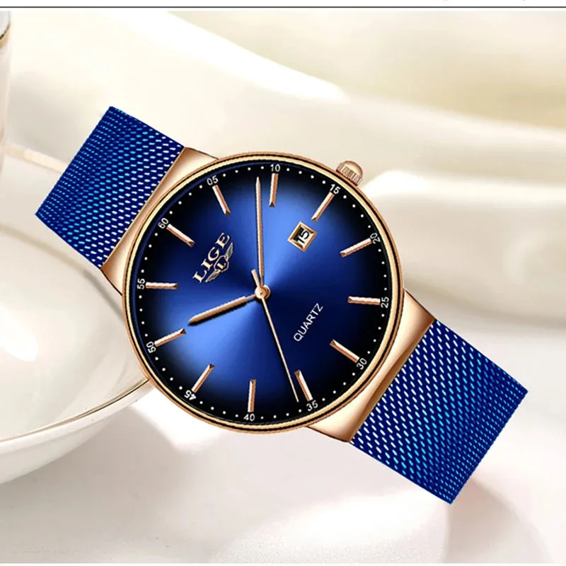 2023 LIGE Mens Watches Top Brand Luxury Gold Watch Sports Casual Mesh Stainless Steel Waterproof Watch for Men Relogio Masculino