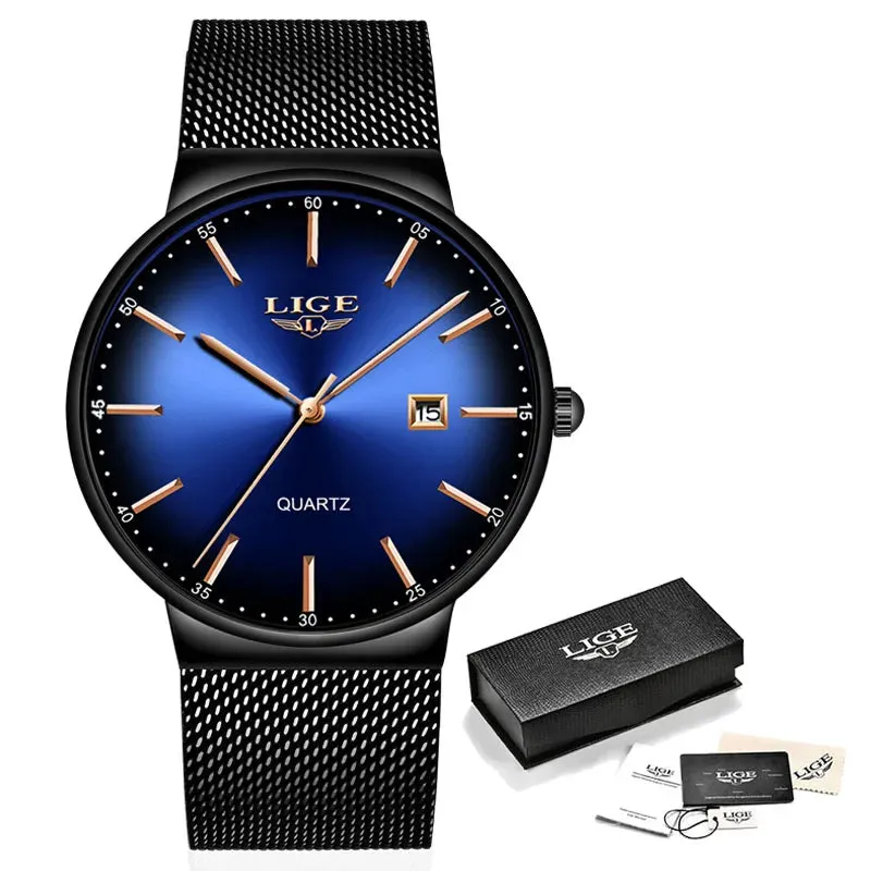 2023 LIGE Mens Watches Top Brand Luxury Gold Watch Sports Casual Mesh Stainless Steel Waterproof Watch for Men Relogio Masculino