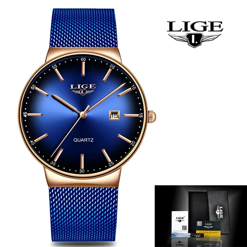 2023 LIGE Mens Watches Top Brand Luxury Gold Watch Sports Casual Mesh Stainless Steel Waterproof Watch for Men Relogio Masculino