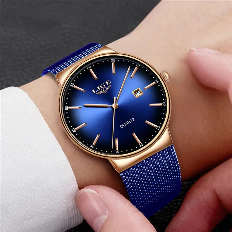 2023 LIGE Mens Watches Top Brand Luxury Gold Watch Sports Casual Mesh Stainless Steel Waterproof Watch for Men Relogio Masculino