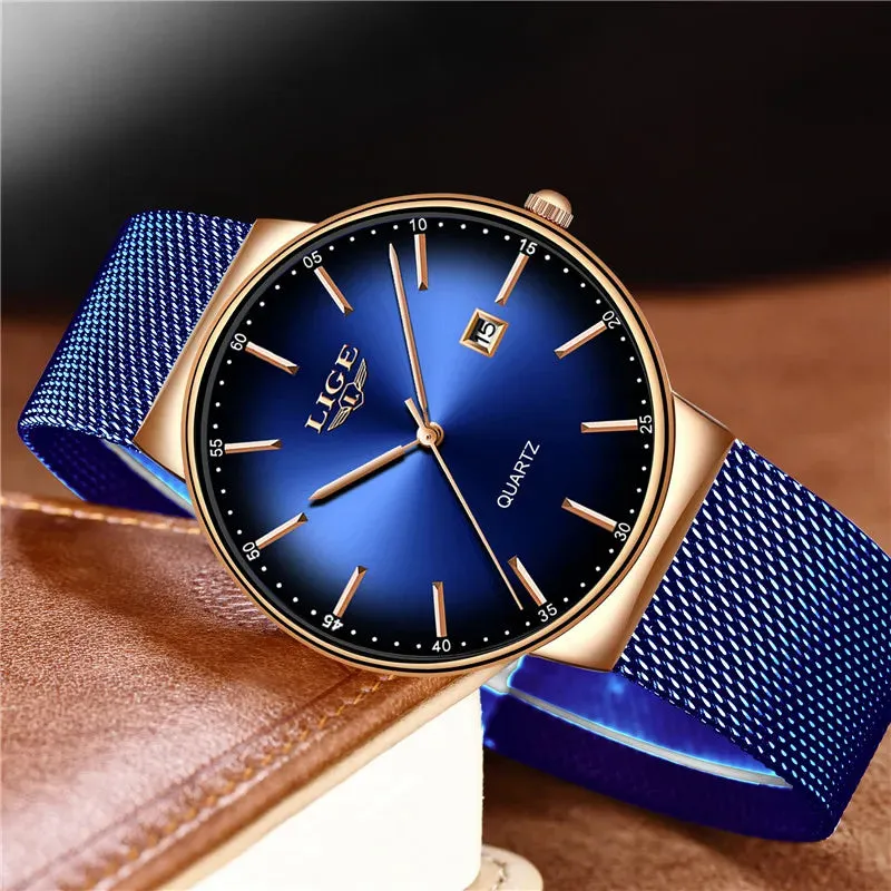 2023 LIGE Mens Watches Top Brand Luxury Gold Watch Sports Casual Mesh Stainless Steel Waterproof Watch for Men Relogio Masculino
