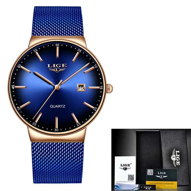 2023 LIGE Mens Watches Top Brand Luxury Gold Watch Sports Casual Mesh Stainless Steel Waterproof Watch for Men Relogio Masculino