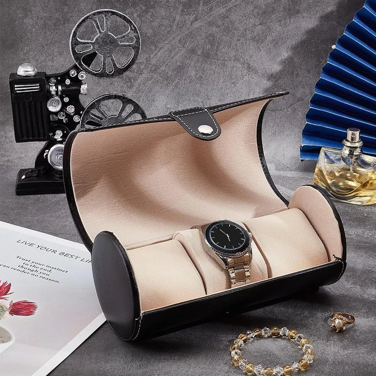 3 Position Cylinder Portable Watch Organizer Storage Case for Watches Jewelry