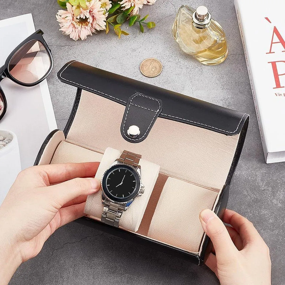 3 Position Cylinder Portable Watch Organizer Storage Case for Watches Jewelry