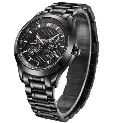 ANGELA BOS 9015 Mechanical Men Watch Black Carve Dial Self Wind Stainless Steel Luxury Wrist Watch