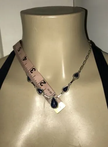 Antique Lapis Lazuli Blue Stone Silver Link Necklace Marked