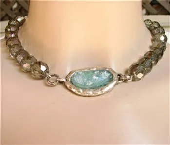 Antique Roman Glass Necklace 925 Sterling Silver Smokey Hadar Designers (as 5031