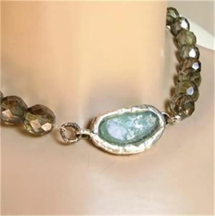 Antique Roman Glass Necklace 925 Sterling Silver Smokey Hadar Designers (as 5031
