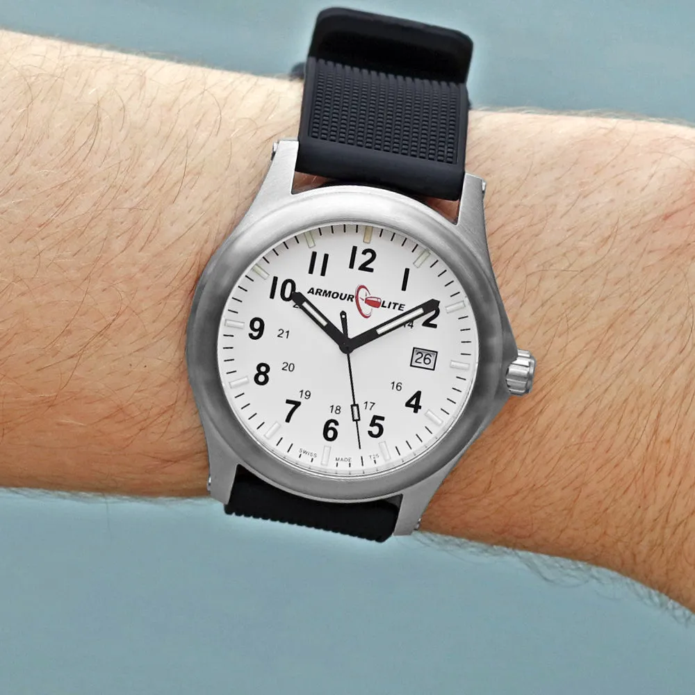ArmourLite Field Series Tritium Watch, Discount Priced AL136, White Dial, Dive Strap
