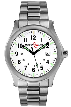 ArmourLite Field Tritium Watch, AL106 White Dial, Shatterproof Armourglass, Steel Bracelet