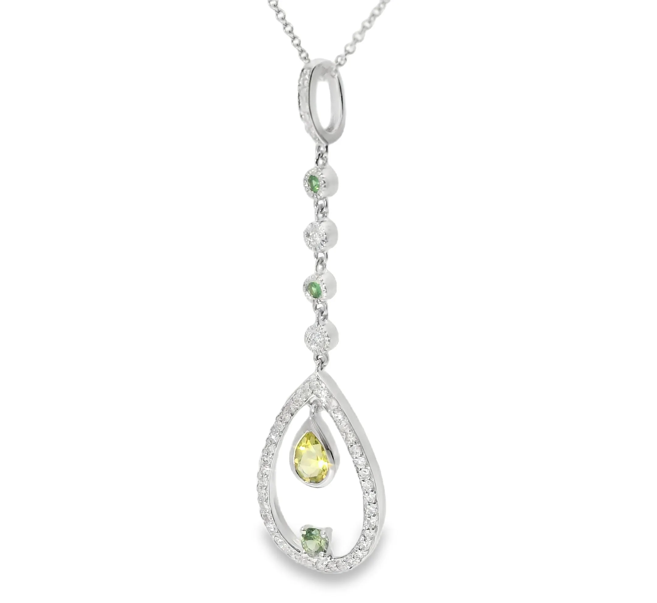 Beautiful 14K White Gold Green Amethyst Lemon Quartz Diamond Emerald Pendant