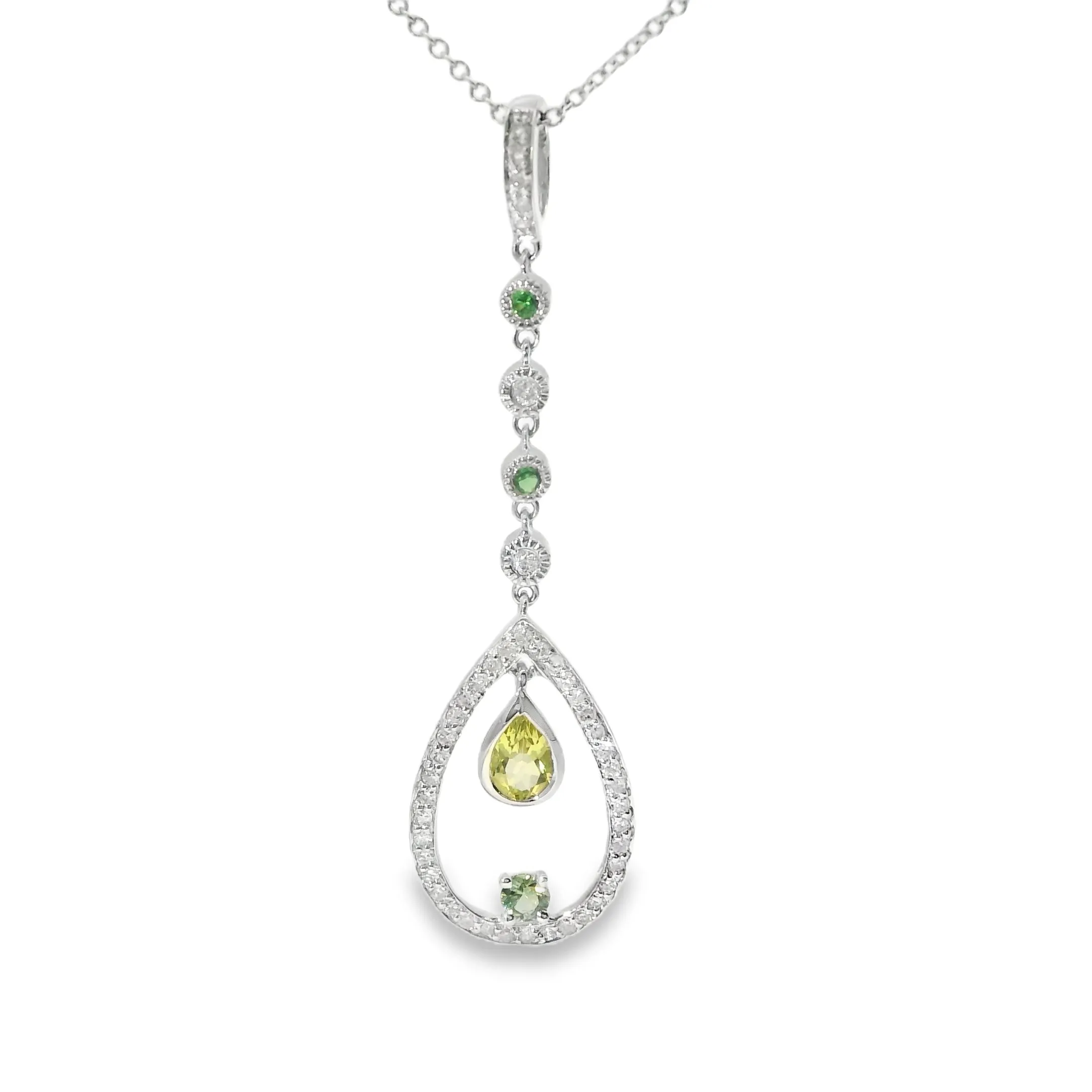 Beautiful 14K White Gold Green Amethyst Lemon Quartz Diamond Emerald Pendant