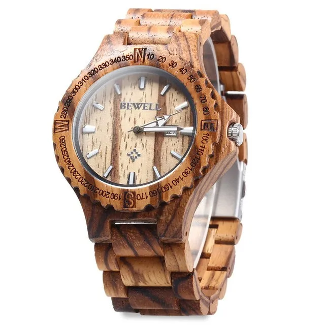 BEWELL Mens Wooden Watch with Calendar Display