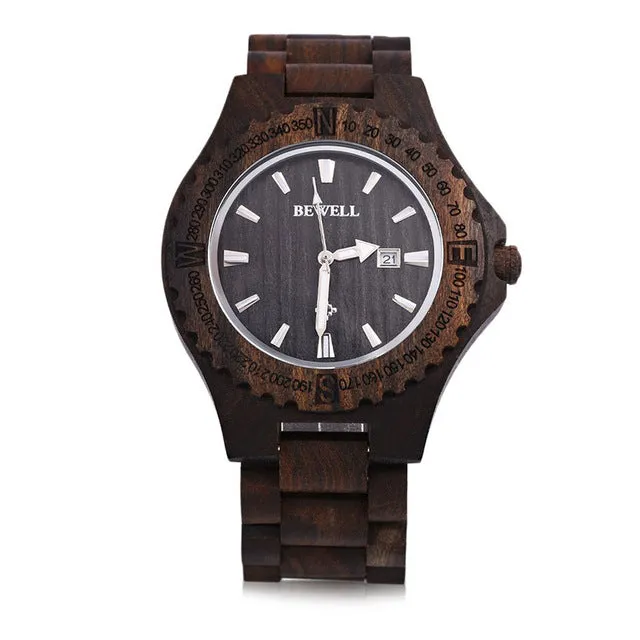 BEWELL Mens Wooden Watch with Calendar Display