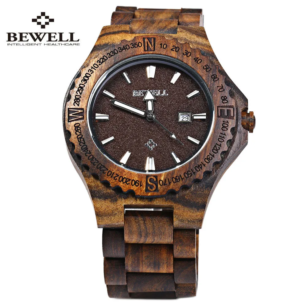 BEWELL Mens Wooden Watch with Calendar Display